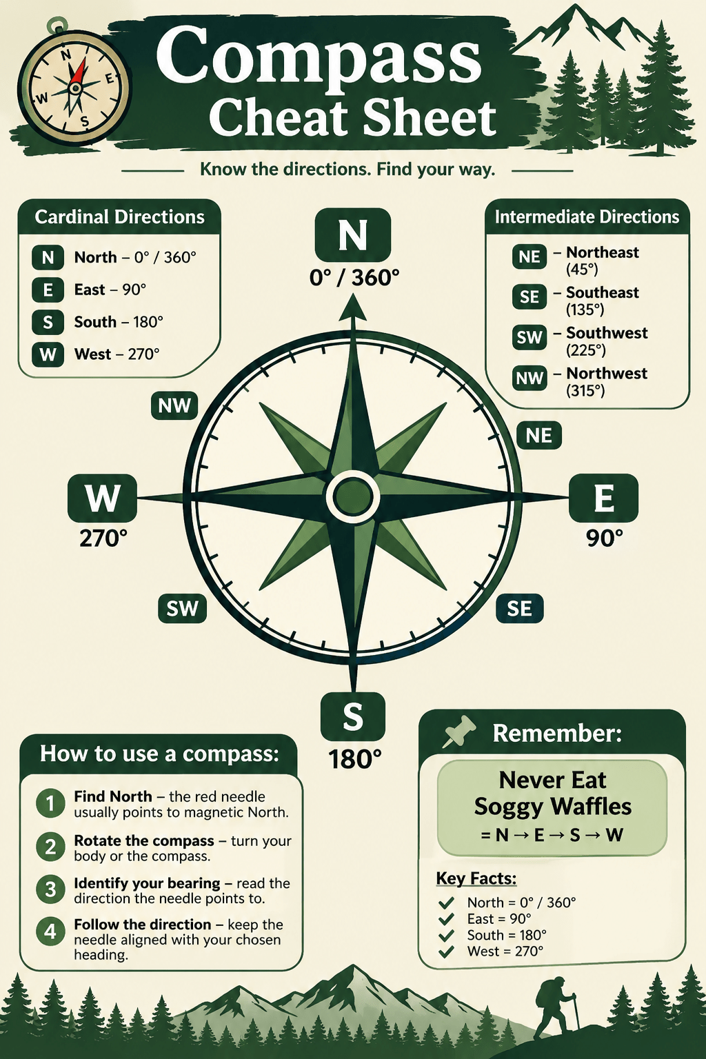 printable compass cheat sheet