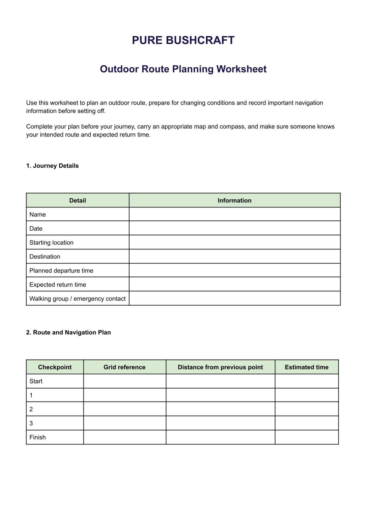 free route planning worksheet